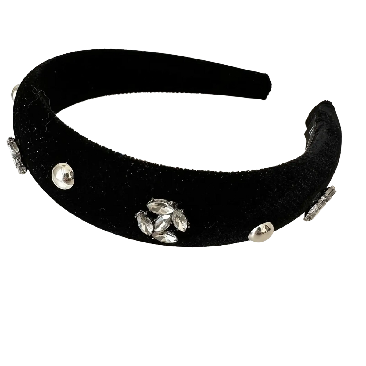 Black velvet headband for women featuring silver rhinestones and metallic studs luxury crystal hair hoop