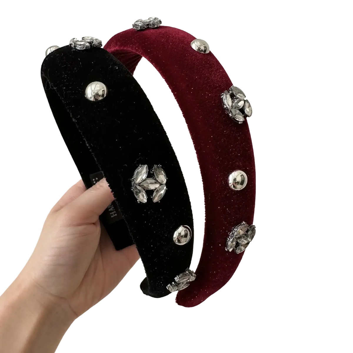 Velvet rhinestone headband for women in black and burgundy velvet with silver crystal flower clusters and metallic studs
