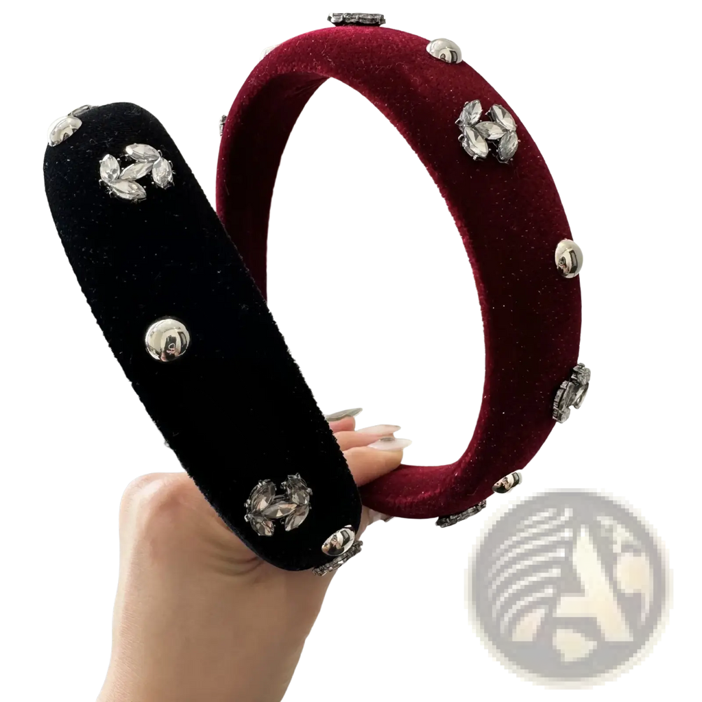 Velvet rhinestone headband for women featuring black and burgundy velvet with silver rhinestones and metallic studs