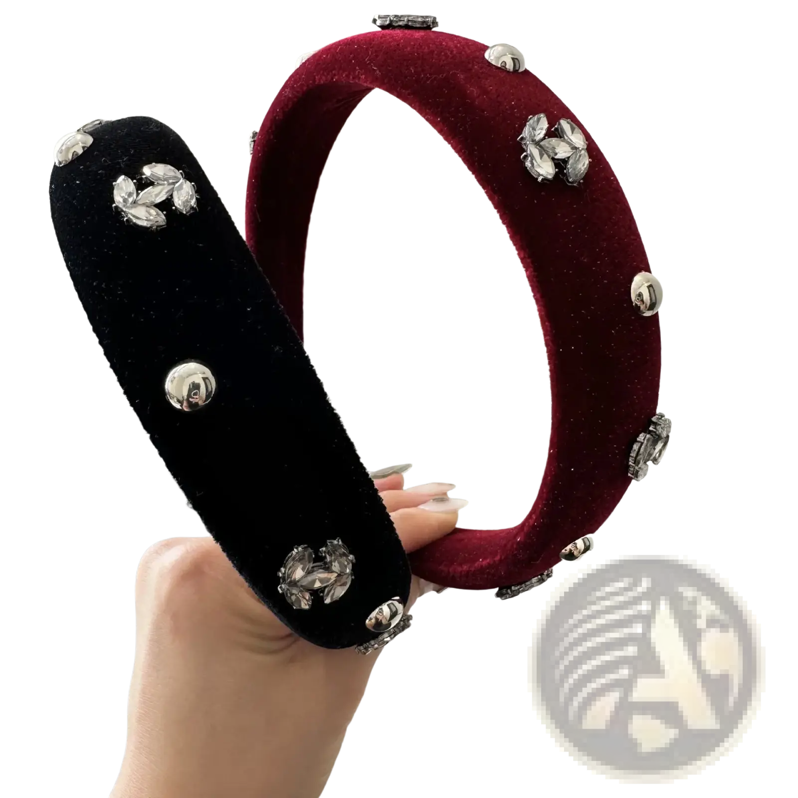 Velvet rhinestone headband for women featuring black and burgundy velvet with silver rhinestones and metallic studs