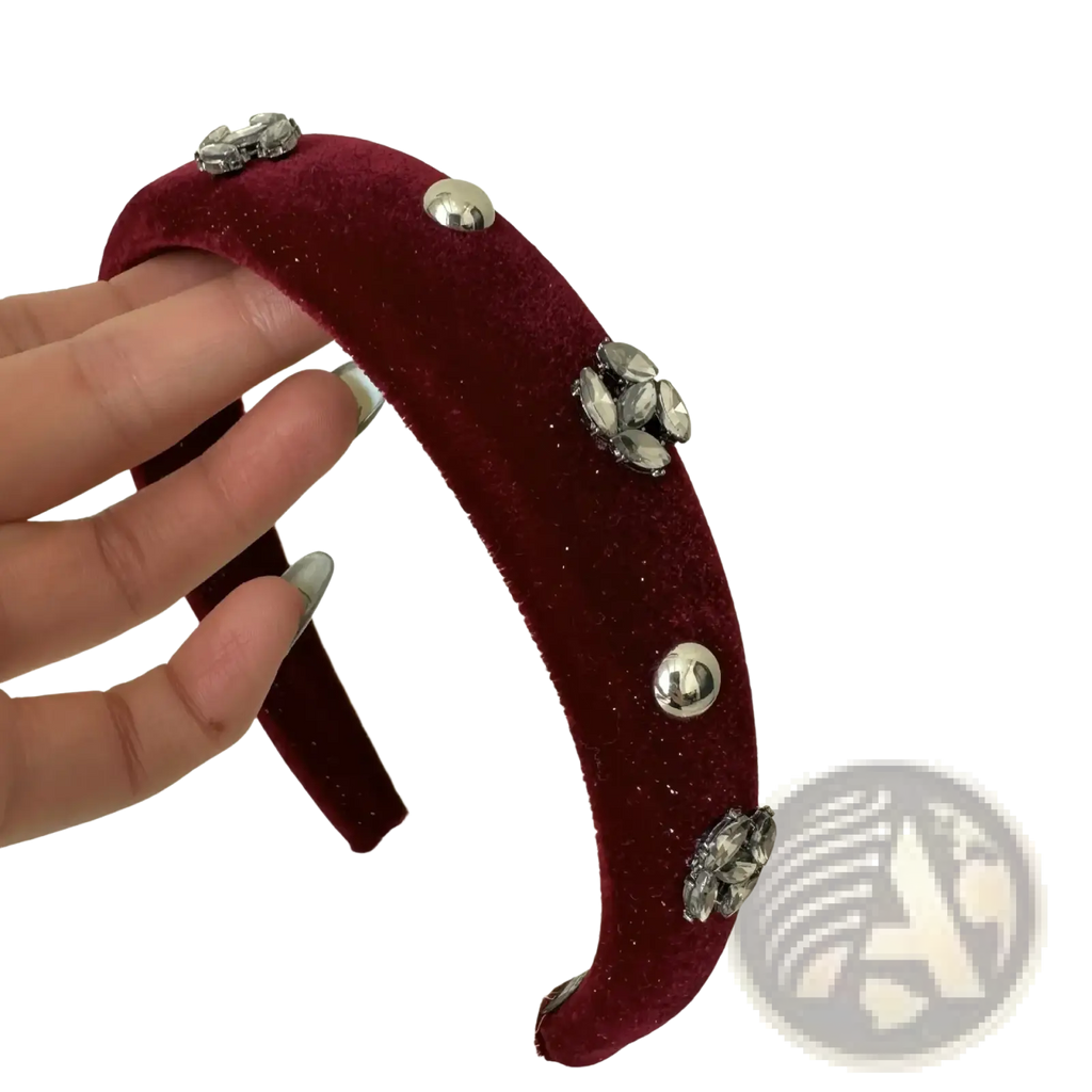 Velvet rhinestone headband for women in burgundy velvet with silver crystal clusters and metallic studs for luxury wear