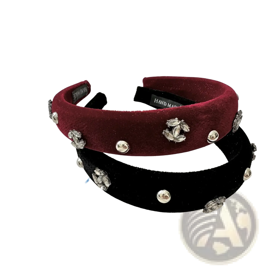 Velvet rhinestone headband for women in burgundy and black with silver rhinestones and metallic studs for luxury wear