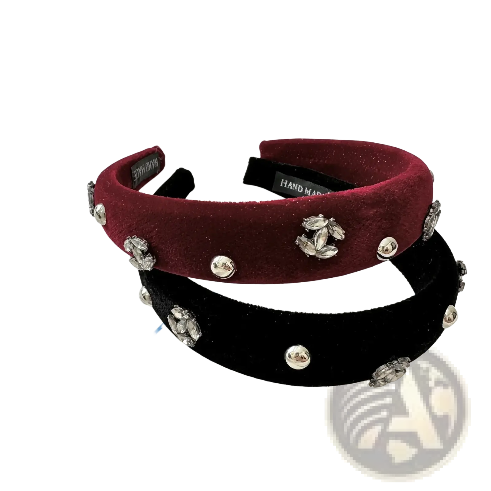 Velvet rhinestone headband for women in burgundy and black with silver rhinestones and metallic studs for luxury wear
