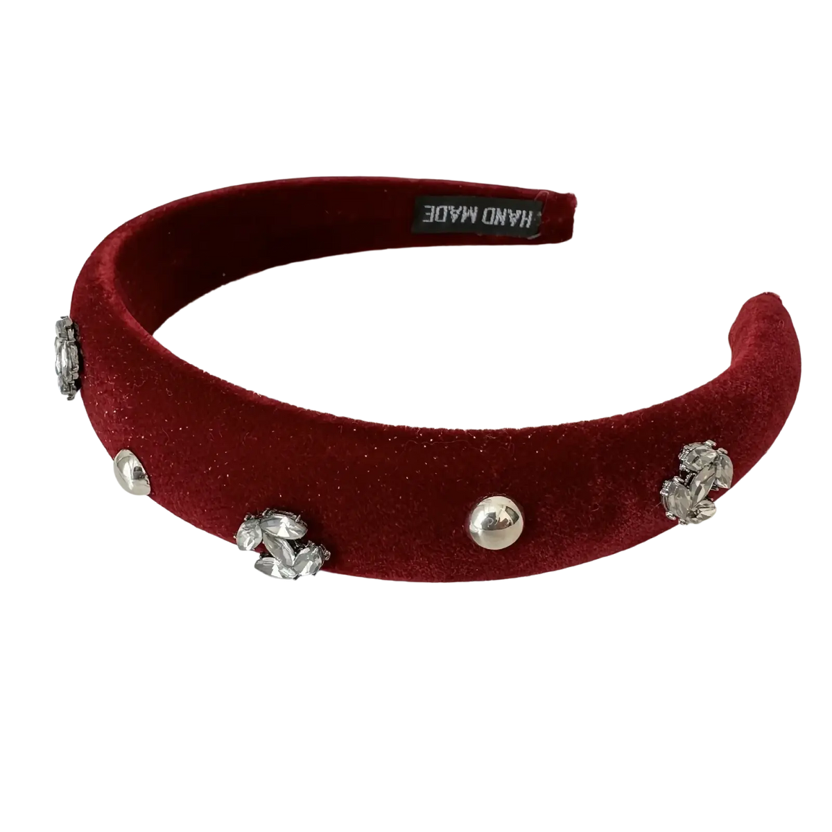 Deep red velvet rhinestone headband for women adorned with silver-toned crystals and metallic studs luxury hair hoop