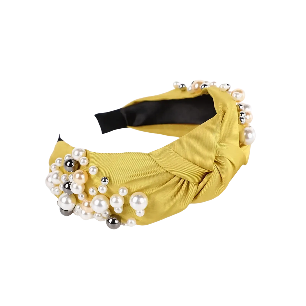 Velvet rhinestone headband for women in yellow velvet with knotted design and pearl cluster embellishments