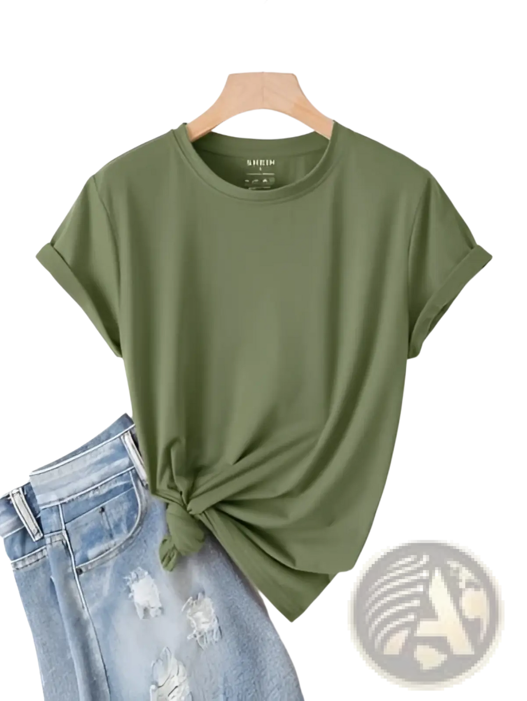 Olive green velvet short sleeve casual tee with rolled cuffs and front knot detail for a stylish look