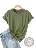 Olive green velvet short sleeve casual tee with rolled cuffs and front knot detail for a stylish look