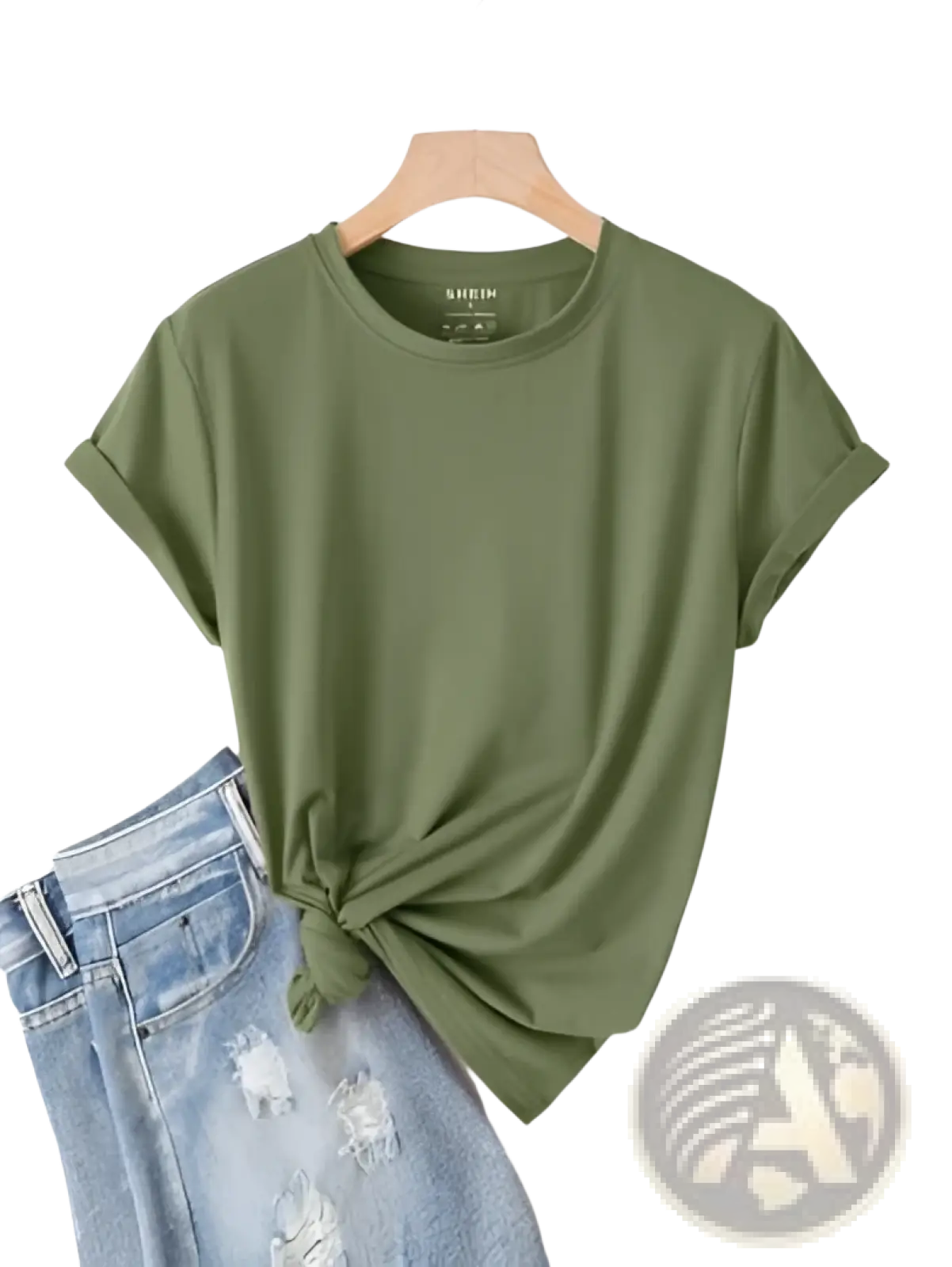 Olive green velvet short sleeve casual tee with rolled cuffs and front knot detail for a stylish look