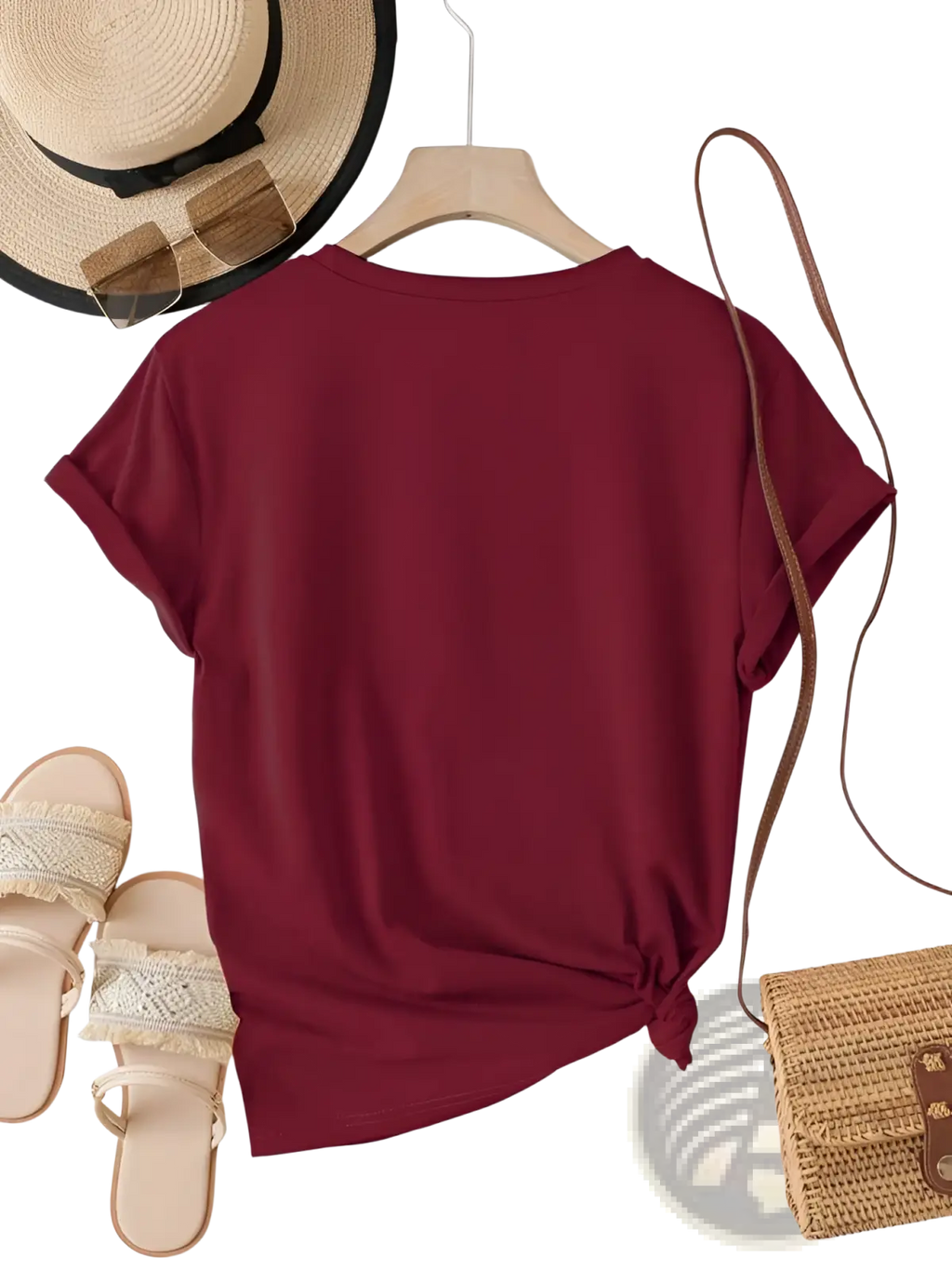 Velvet short sleeve casual tee maroon velvet fabric with round neckline and knotted hem for a stylish casual look