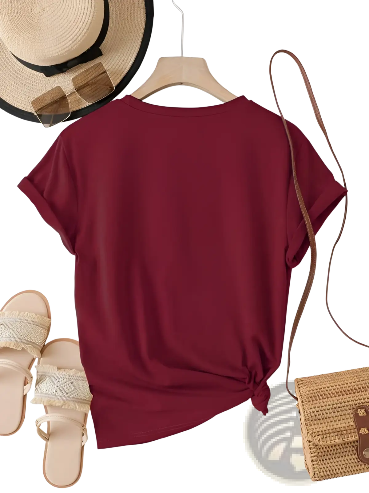 Velvet short sleeve casual tee maroon velvet fabric with round neckline and knotted hem for a stylish casual look
