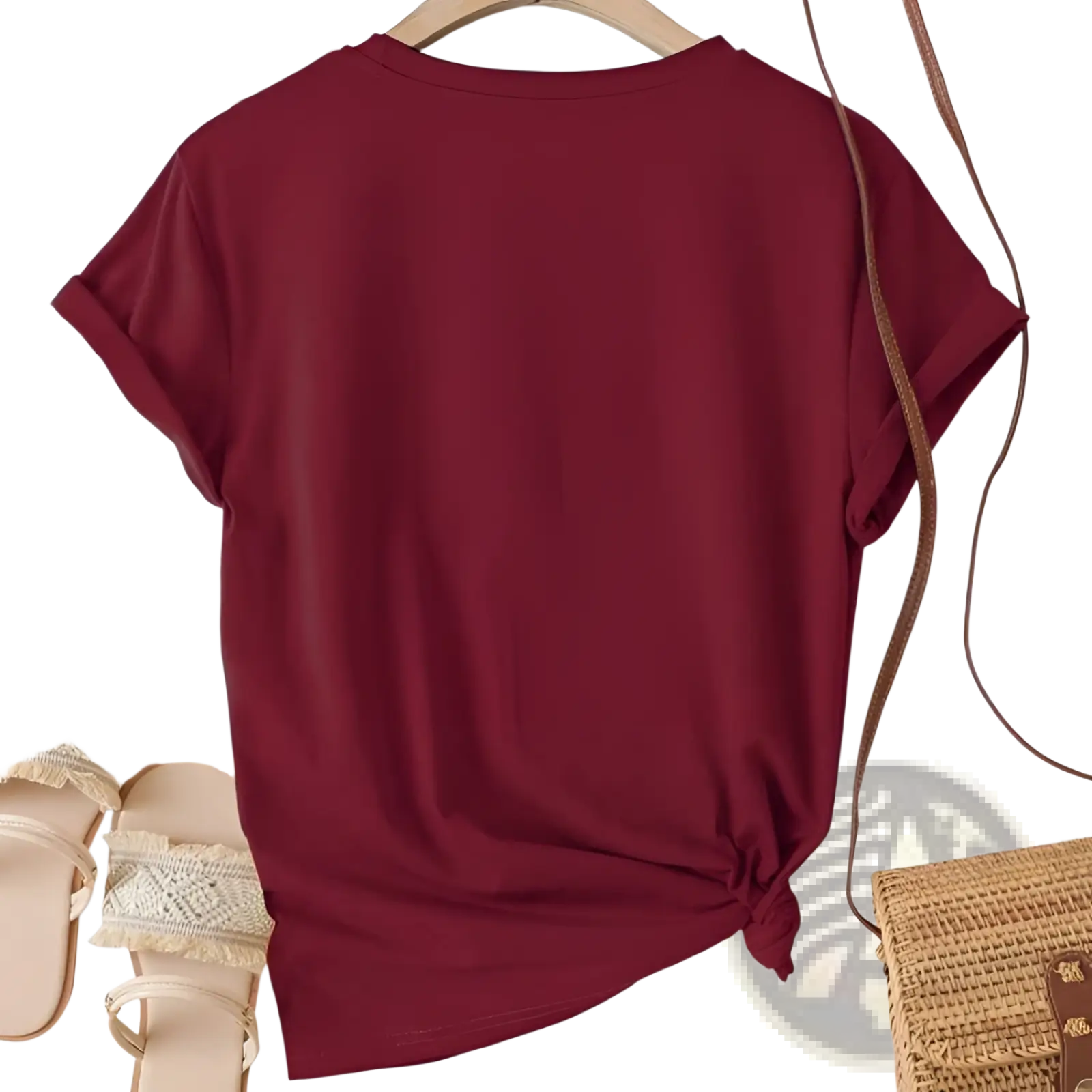 A soft maroon cotton velvet short sleeve casual tee with a round neckline and rolled-up sleeves