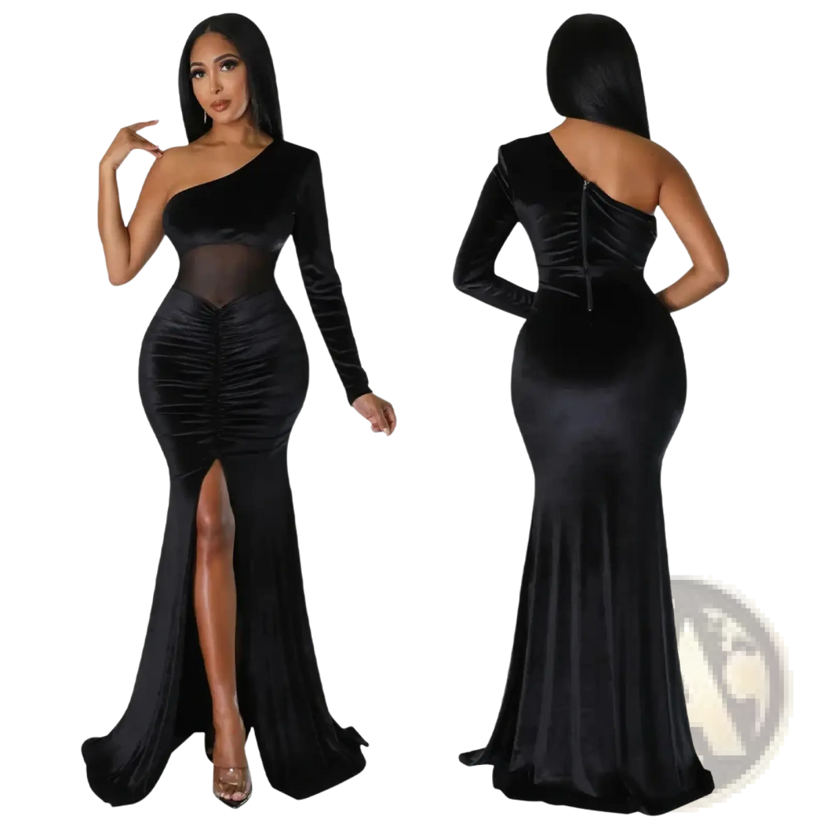 Black velvet one shoulder mermaid evening gown with sheer mesh panel and high slit for formal occasions
