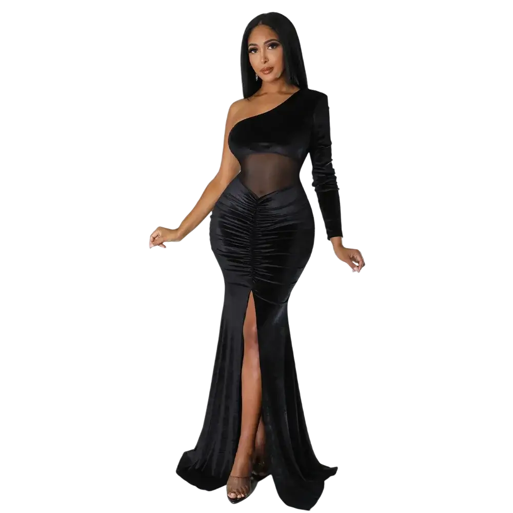 Black velvet one shoulder mermaid evening gown with sheer mesh panel and high slit for formal occasions