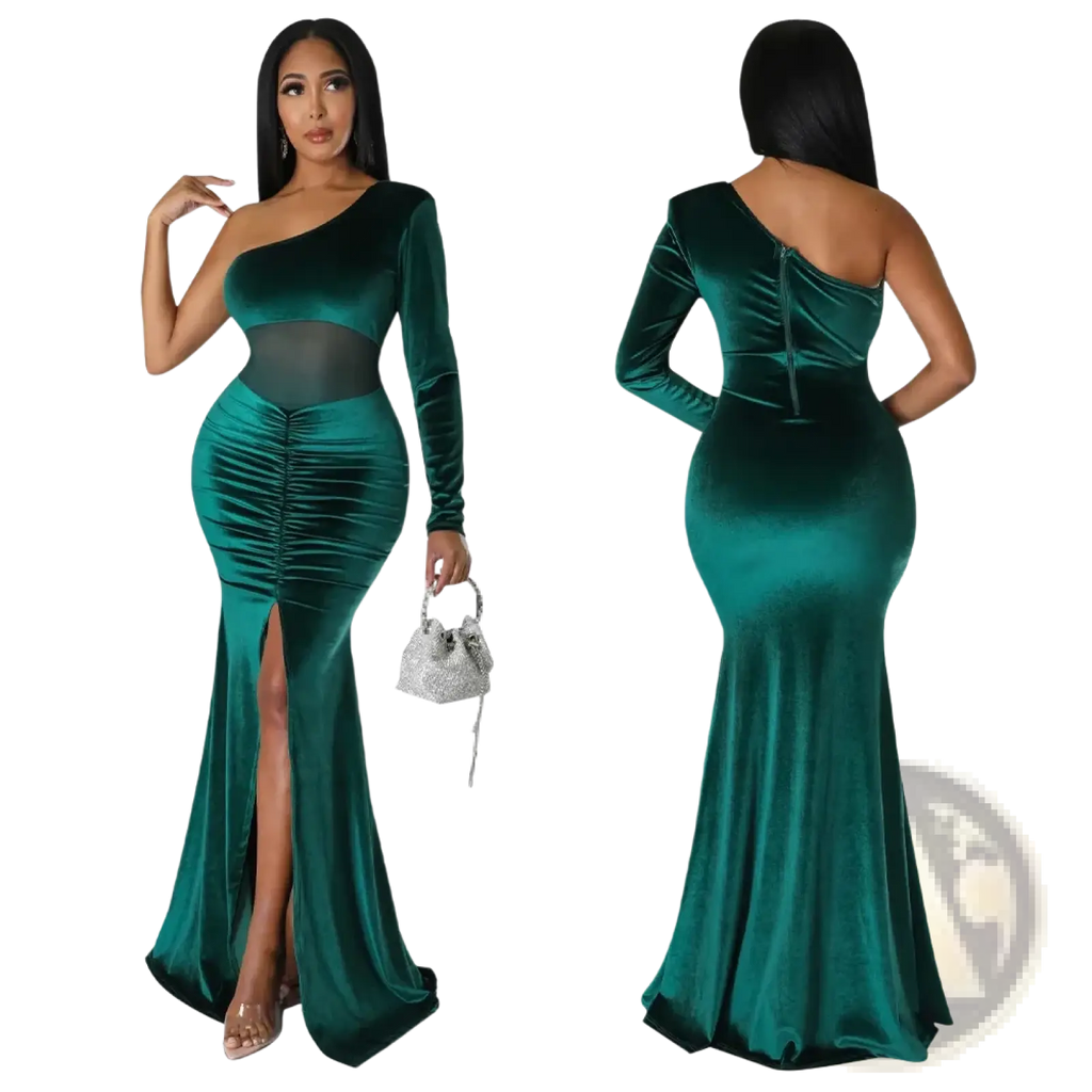 Emerald green velvet one shoulder mermaid evening gown with sheer mesh waist panel and high slit
