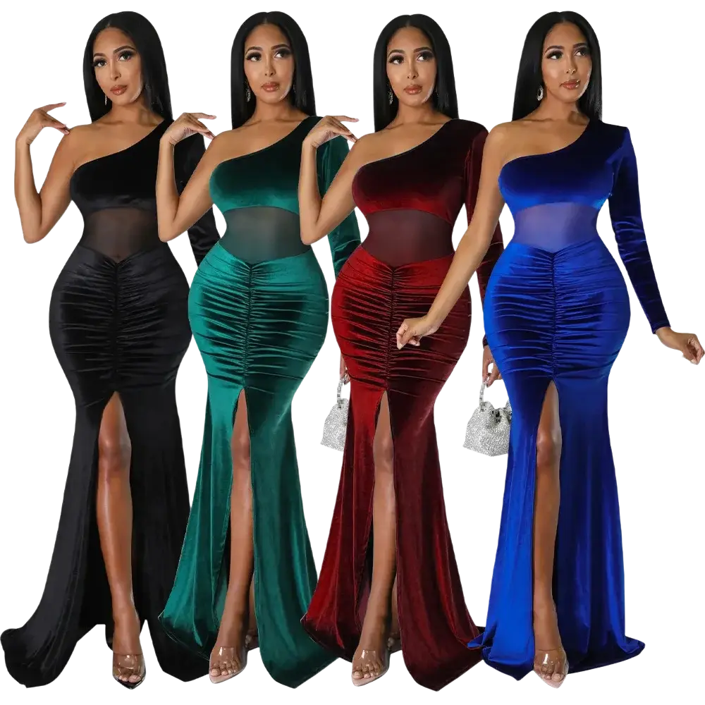 Four elegant velvet one shoulder mermaid evening gowns in black emerald green burgundy red and royal blue