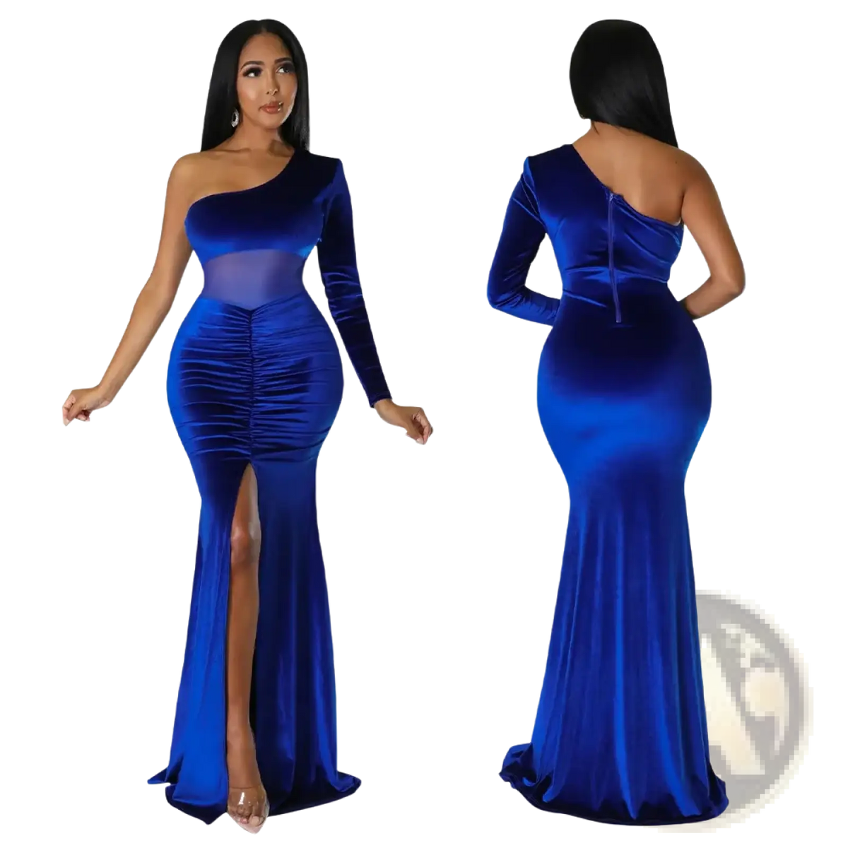 A royal blue velvet one shoulder mermaid evening gown with a high slit and long sleeve