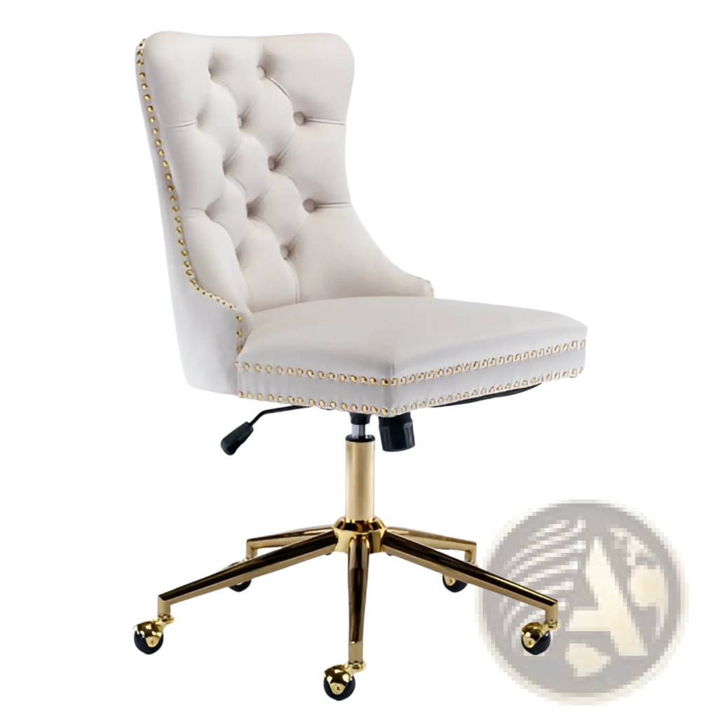 Velvet tufted office chair in cream beige with gold-tone metal frame and casters for elegant workspace seating
