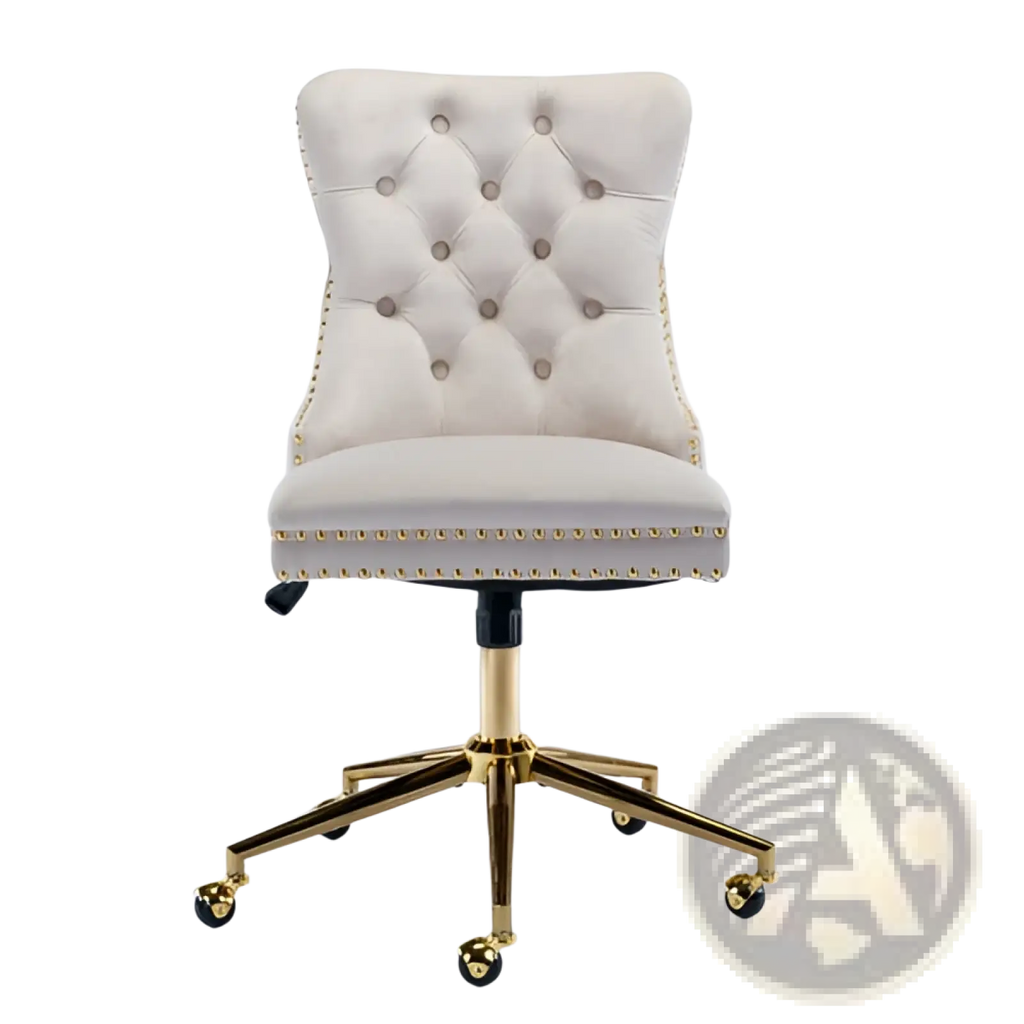 Cream-colored velvet tufted office chair with gold-tone metal base and casters for elegant workspace seating