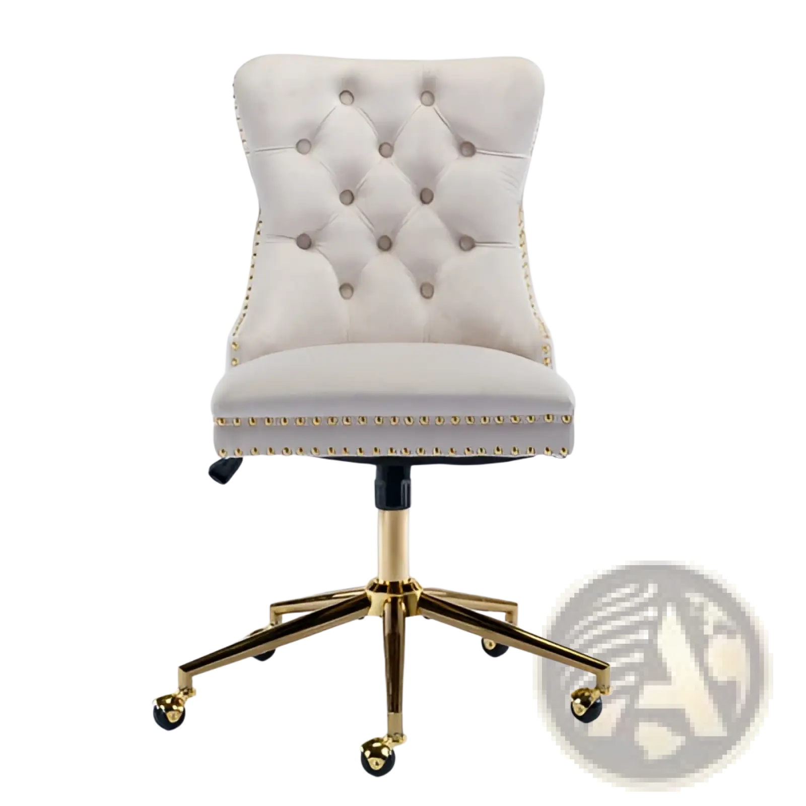 Cream-colored velvet tufted office chair with gold-tone metal base and casters for elegant workspace seating