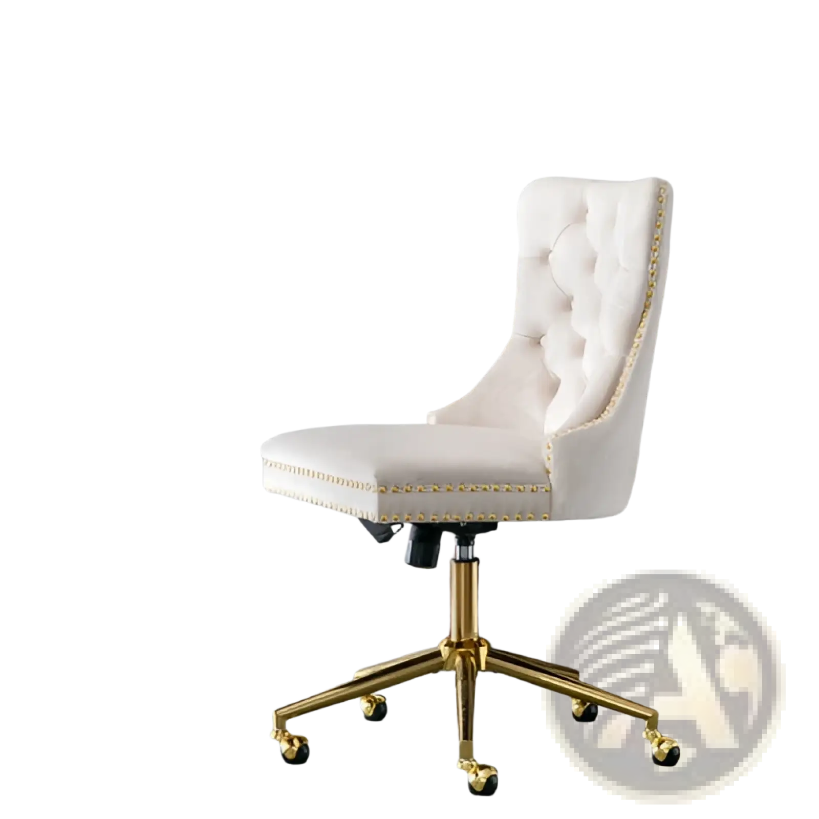 Cream-colored velvet tufted office chair with gold-tone metal base and trim for elegant workspace seating