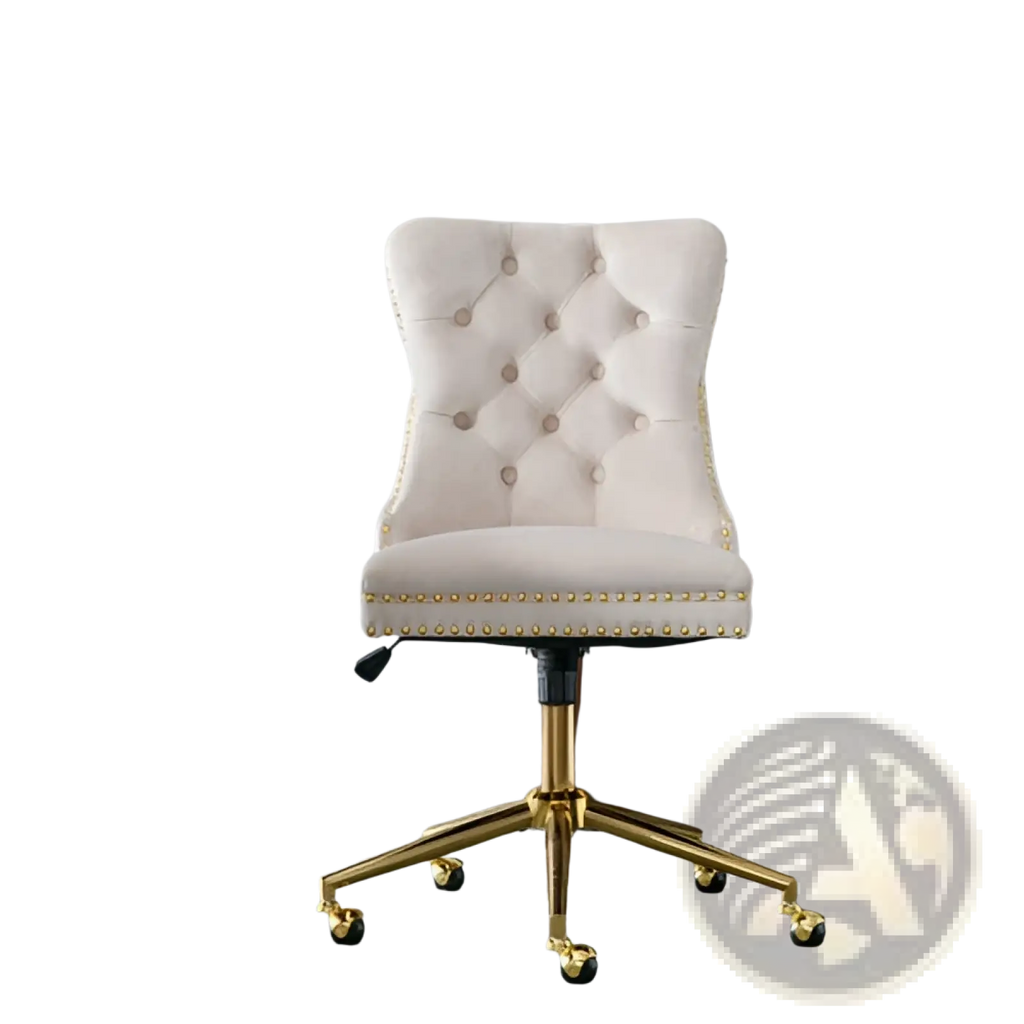 Velvet tufted office chair in cream with gold metal base and nailhead trim for elegant workspace seating