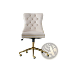 Velvet tufted office chair in cream with gold metal base and nailhead trim for elegant workspace seating