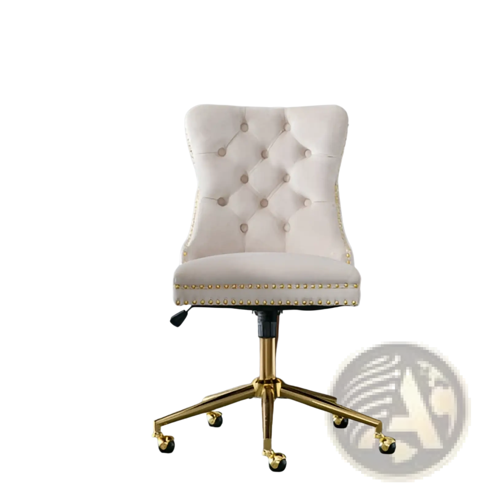 Velvet tufted office chair in cream with gold metal base and nailhead trim for elegant workspace seating