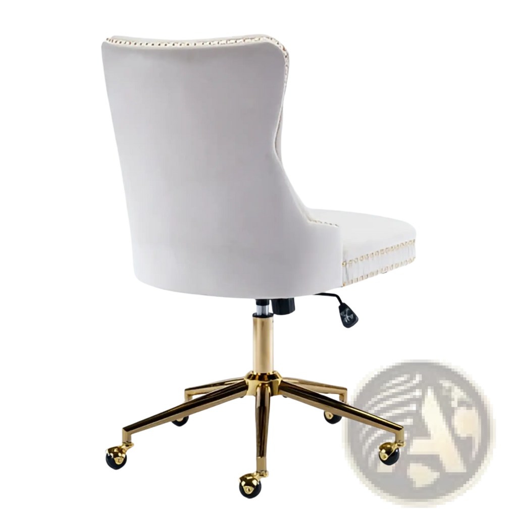 Cream-colored velvet tufted office chair with gold-tone metal frame and nailhead trim in beige for workspace use