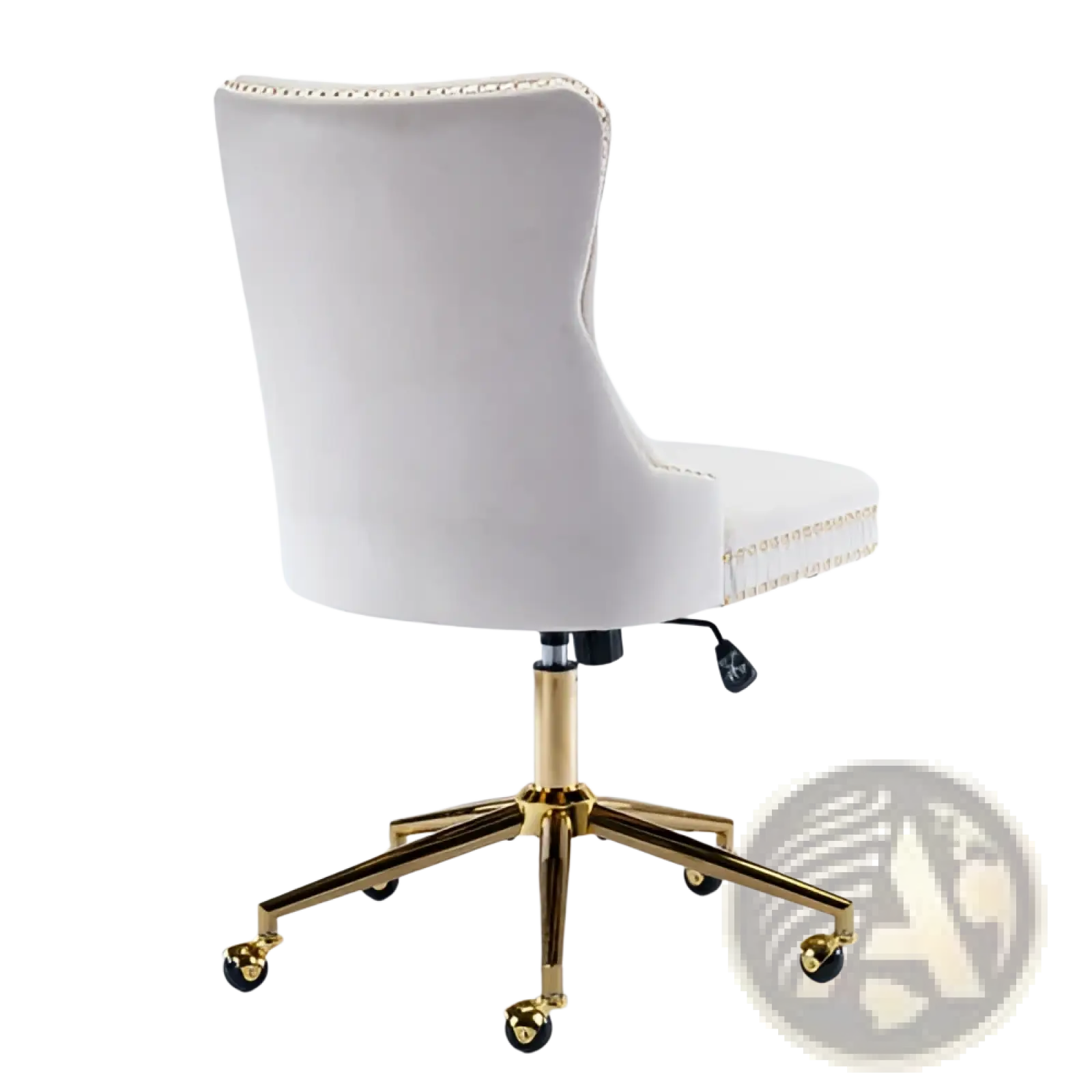 Cream-colored velvet tufted office chair with gold-tone metal frame and nailhead trim in beige for workspace use