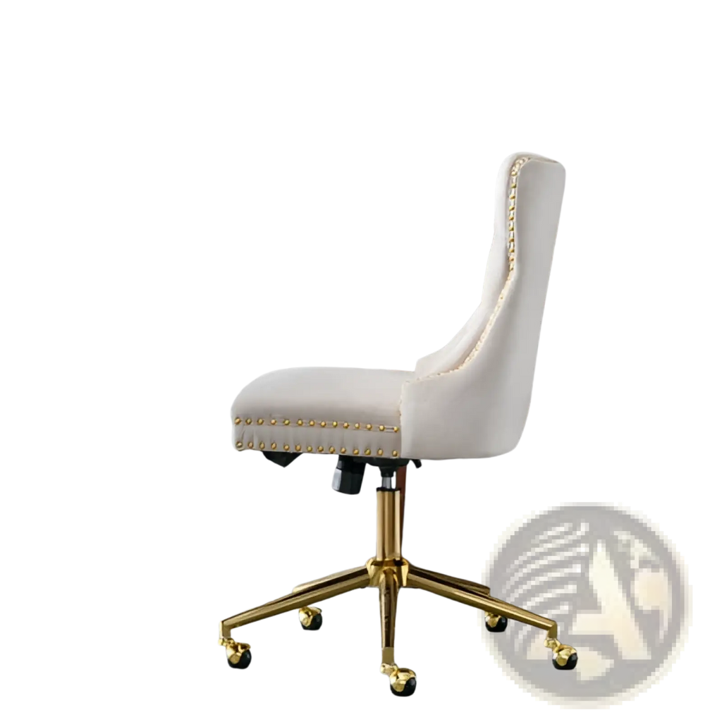 Velvet tufted office chair in beige with cream-colored upholstery, gold-tone metal frame, and decorative nailhead trim