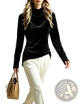 Black velvet turtleneck top with long sleeves in a soft pullover design ideal for elegant layering and warmth