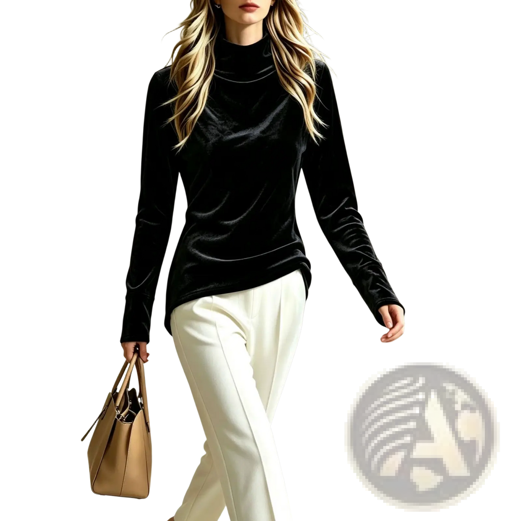 Black velvet turtleneck top long sleeve pullover made from soft velvet fabric for stylish and comfortable wear