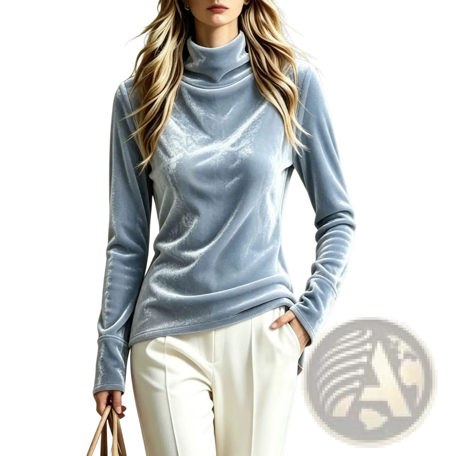 A soft light blue velvet turtleneck top with high collar and long sleeves perfect for casual wear