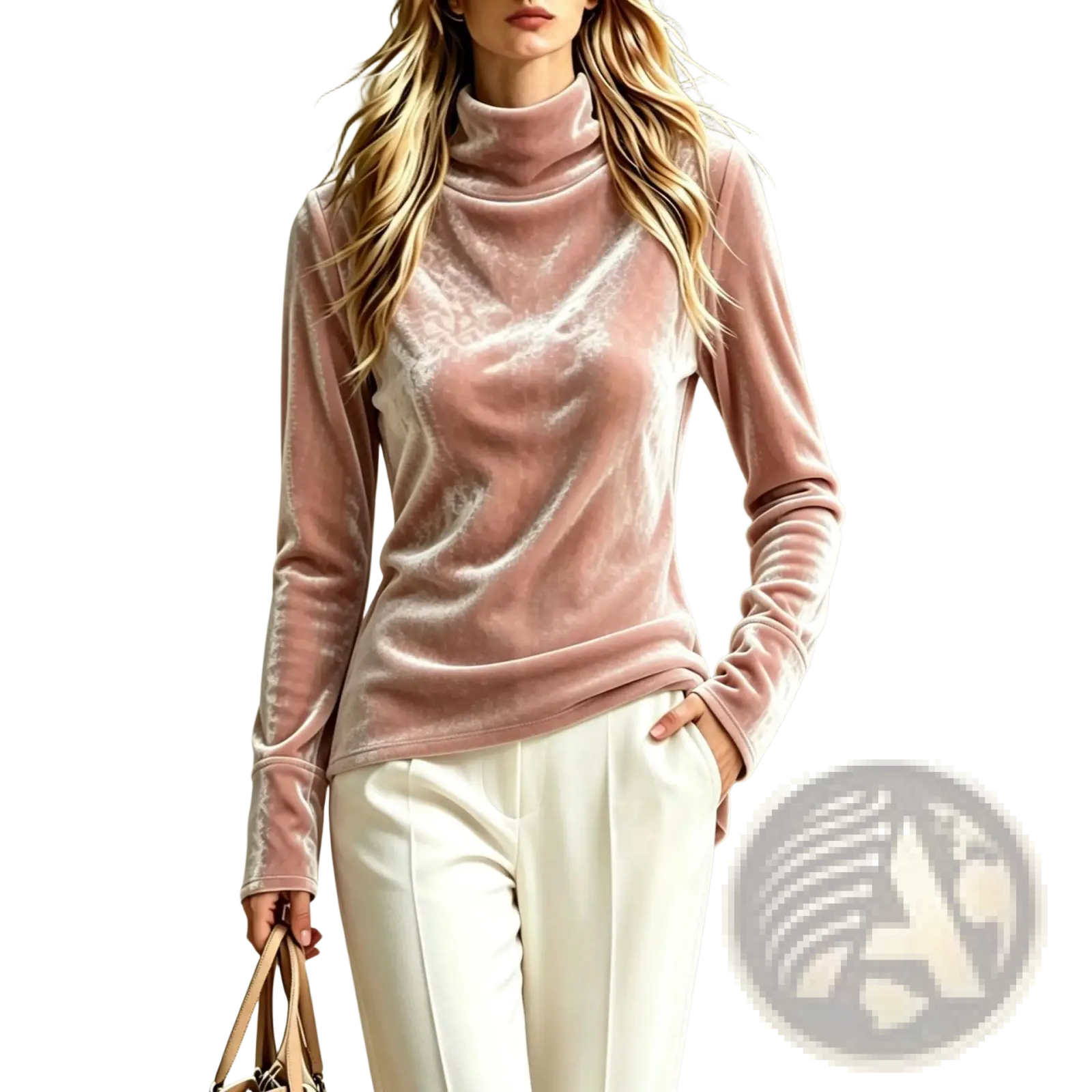 A soft blush pink velvet turtleneck top with long sleeves and a sleek, form-fitting design