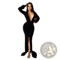 Black velvet bodycon evening dress with a deep v-neckline and high slit for formal occasions