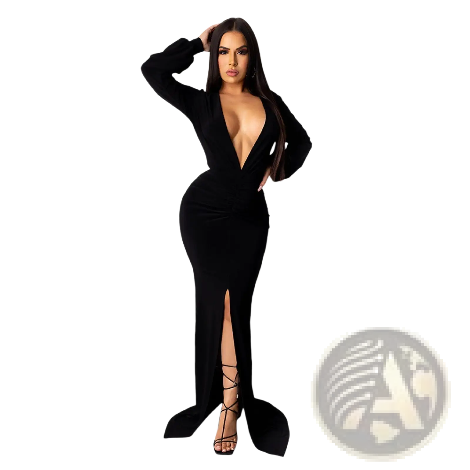 Black velvet bodycon evening dress with a deep v-neckline and high slit for formal occasions