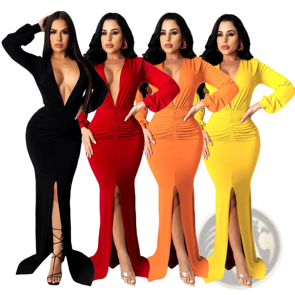 Four women model velvet v-neck evening dresses in black red orange and yellow with deep v-necks and high side slits