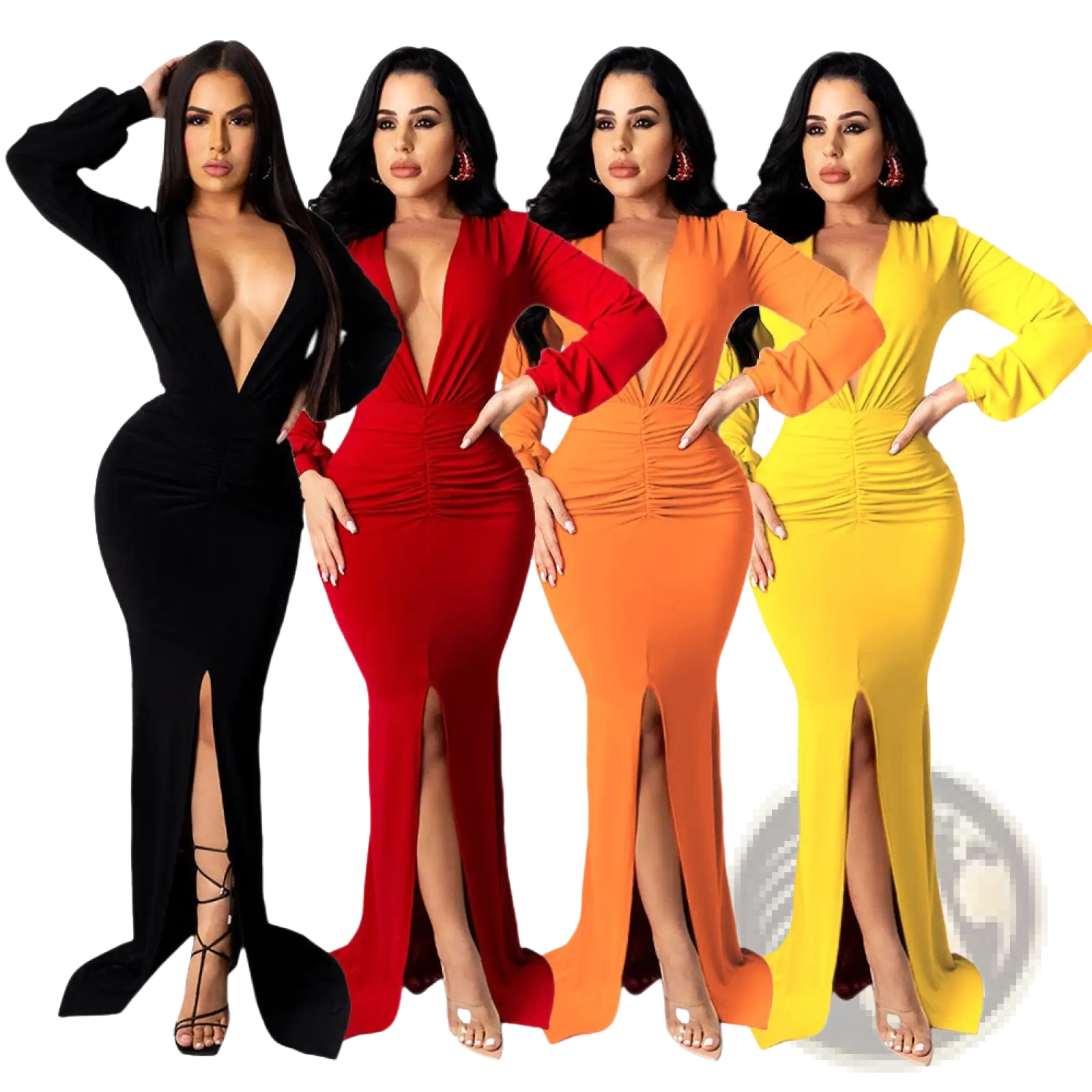 Four women model velvet v-neck evening dresses in black red orange and yellow with deep v-necks and high side slits