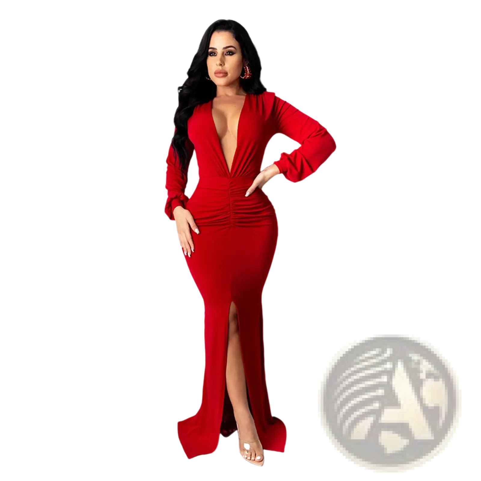 A striking red velvet v-neck evening dress with long sleeves, plunging neckline, and high slit for formal occasions