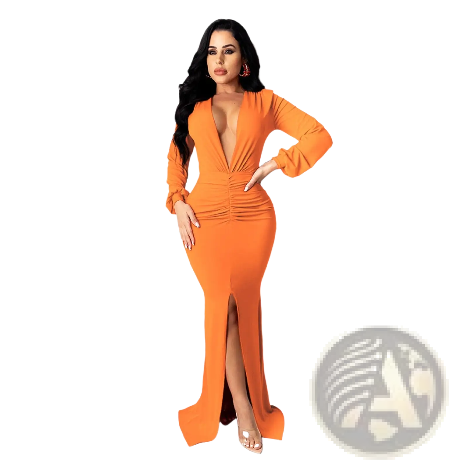 Vibrant orange velvet v-neck evening dress with long sleeves, form-fitting silhouette, deep v-neckline, and side slit