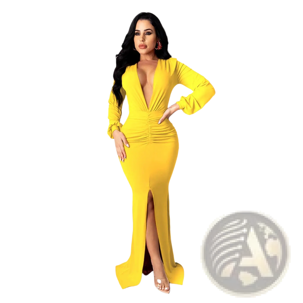 A vibrant yellow velvet v-neck evening dress with a form-fitting long-sleeved design and high slit