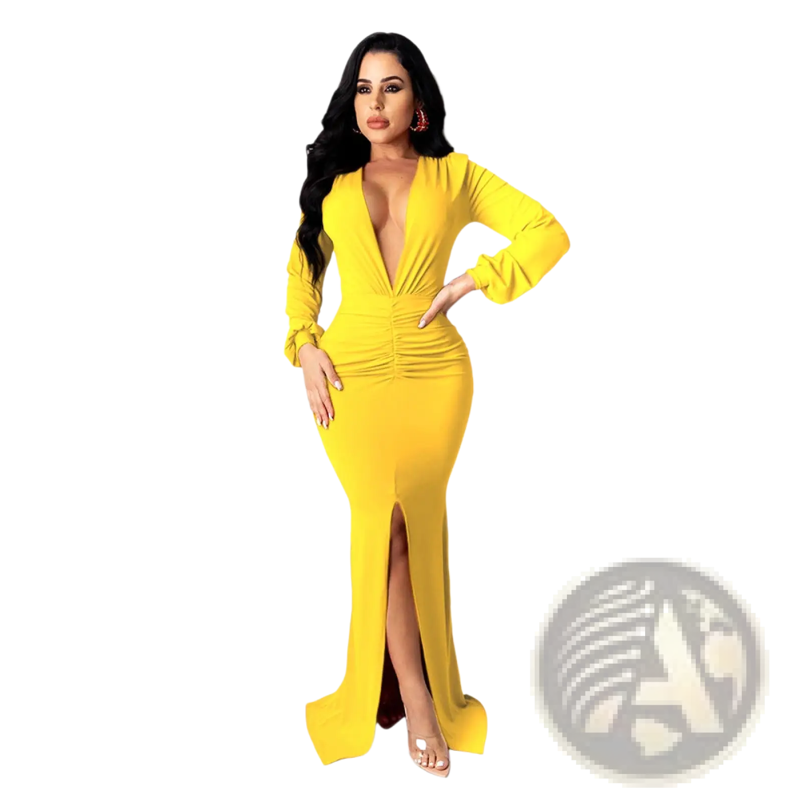 A vibrant yellow velvet v-neck evening dress with a form-fitting long-sleeved design and high slit