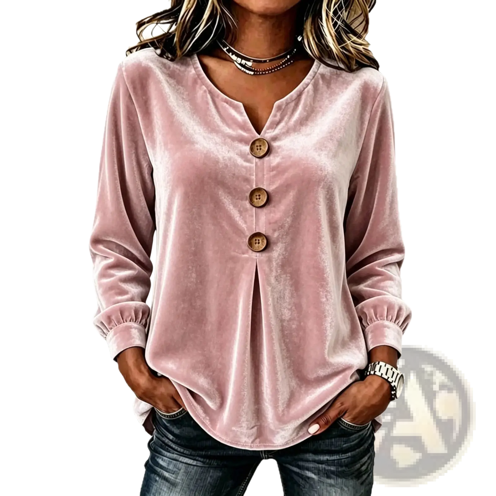 A soft pink velvet v-neck long-sleeve blouse with three wooden buttons down the front