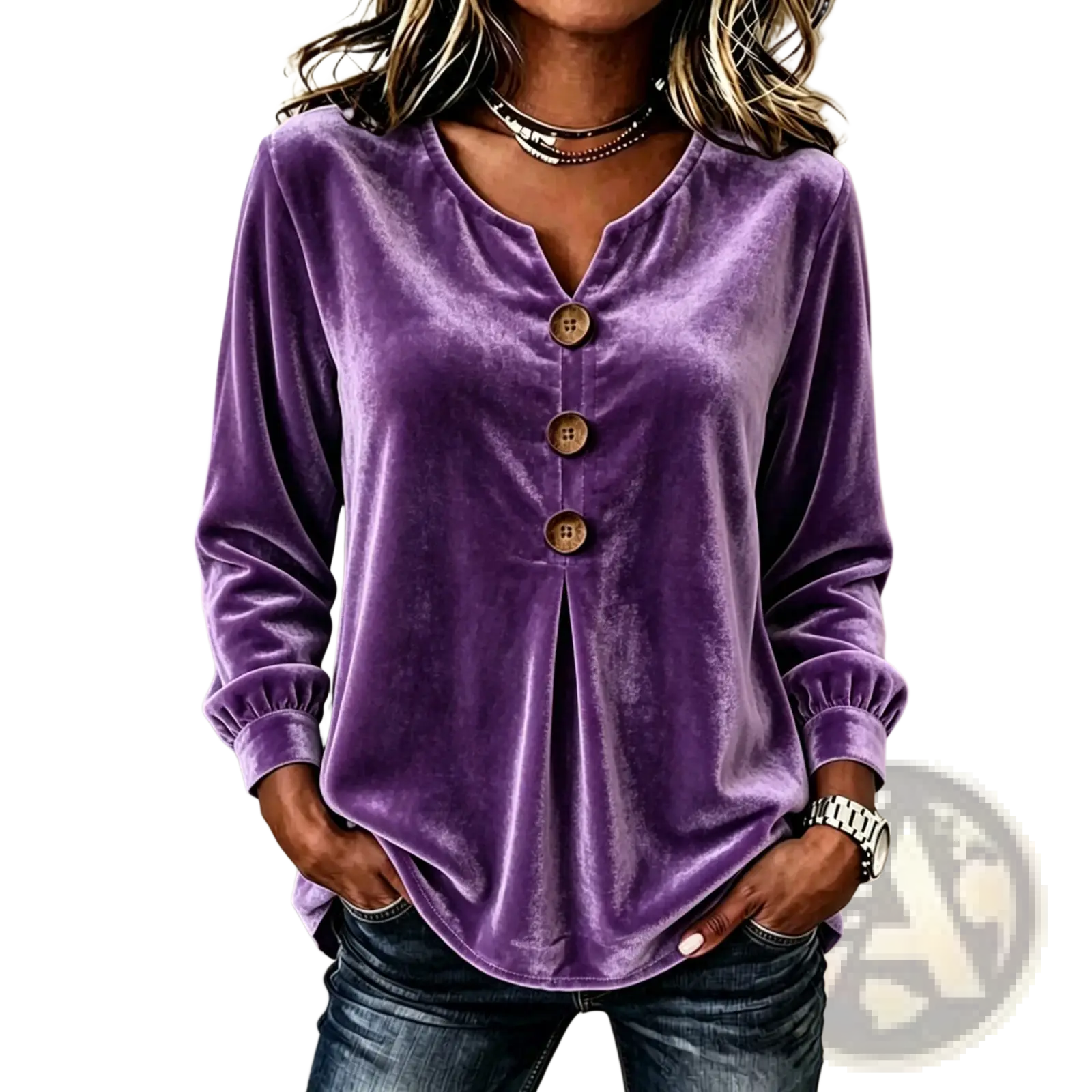 A soft purple velvet v-neck long-sleeve blouse with three wooden buttons down the front