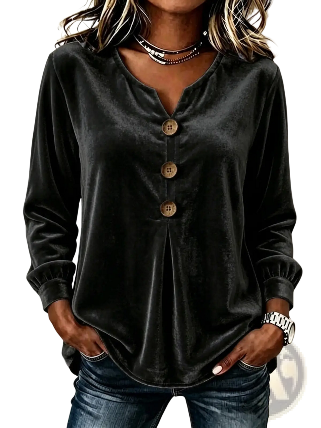 Black velvet v-neck long-sleeve blouse with three wooden buttons down the front in a luxurious fabric