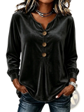 Black velvet v-neck long-sleeve blouse with three wooden buttons down the front in a luxurious fabric