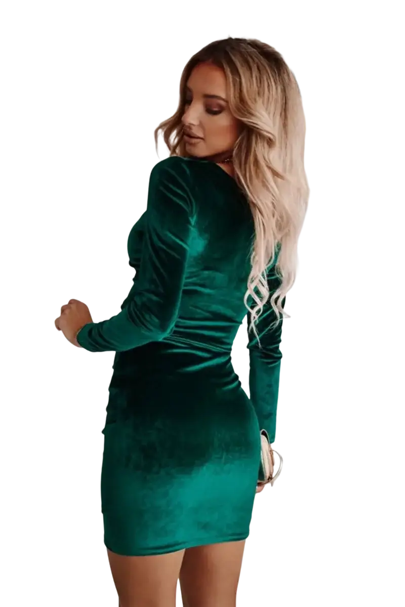 Emerald green velvet v-neck long sleeve mini dress with fitted silhouette and luxurious soft fabric