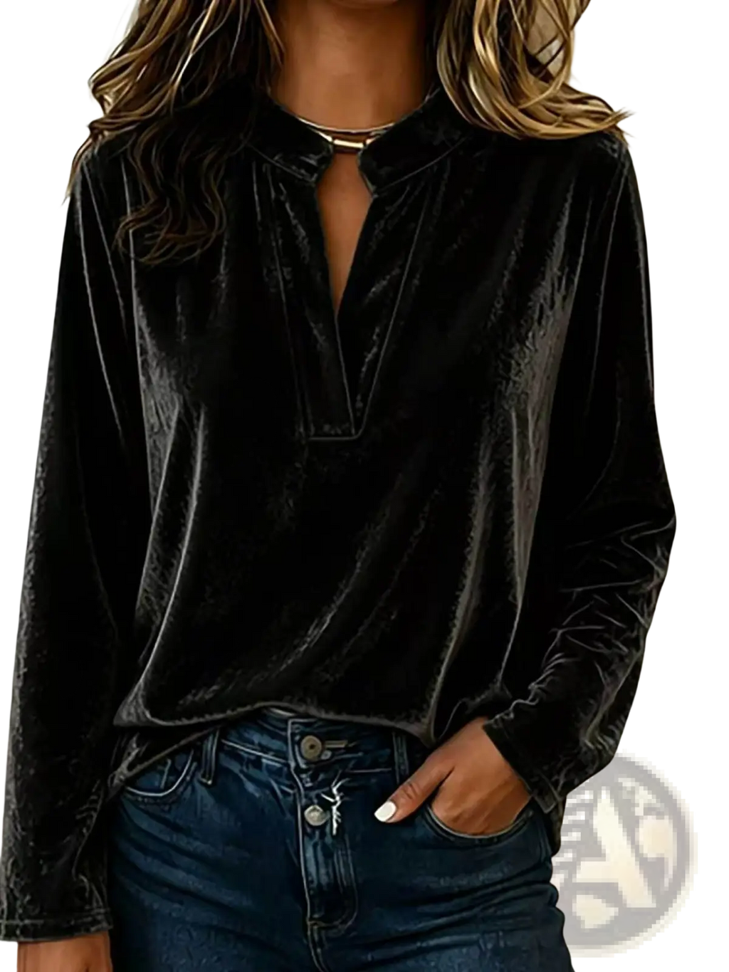 Black velvet v-neck long-sleeve women blouse with soft textured fabric and subtle sheen
