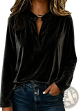 Black velvet v-neck long-sleeve women blouse with soft textured fabric and subtle sheen