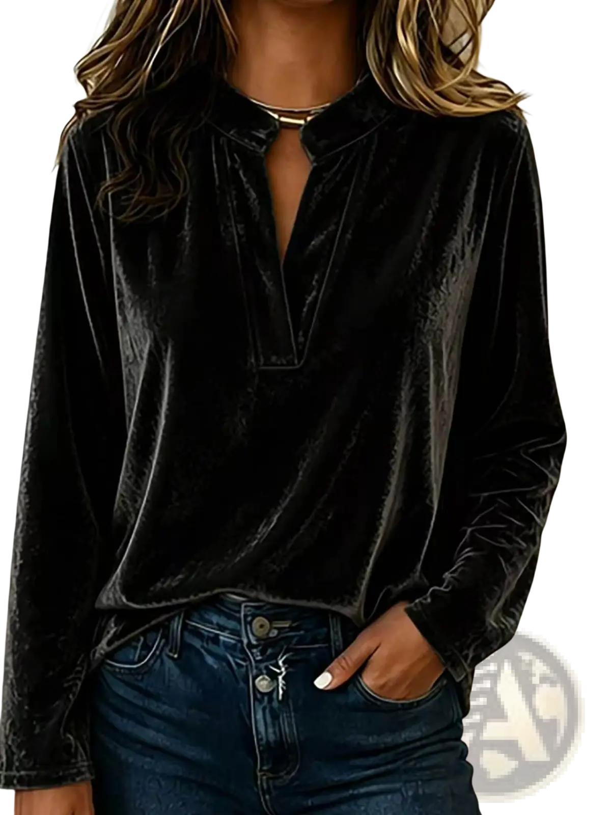 Black velvet v-neck long-sleeve women blouse with soft textured fabric and subtle sheen